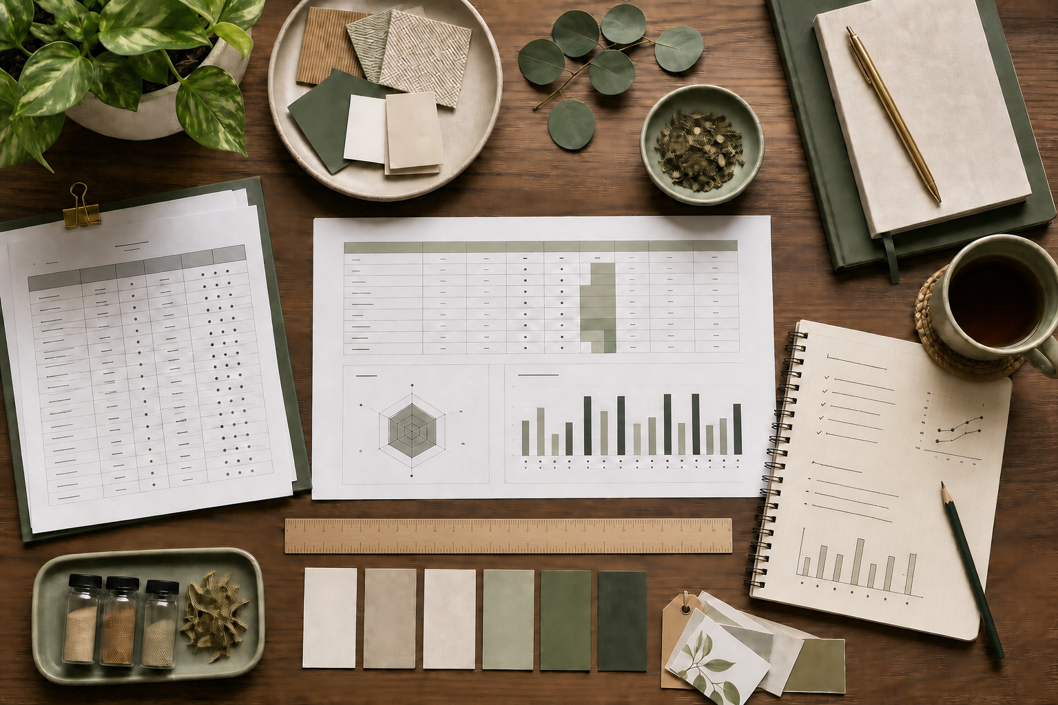 Organized product samples and data-review materials on an analyst work surface.